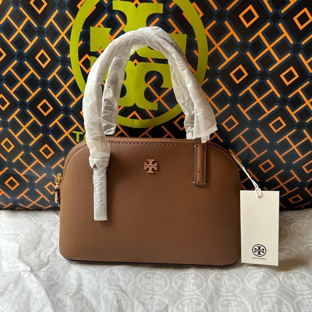 Tory Burch Emerson Dome Satchel Crossbody Bag Top Handle Moose Gold Tan